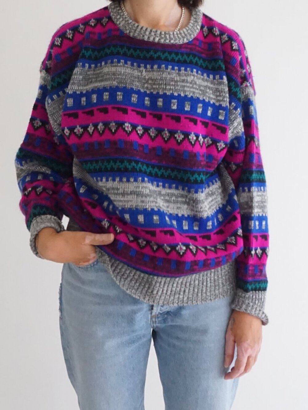 Vintage Perspective Pink Blue Grey Geometric Fair Isle Striped Knit Sweater L